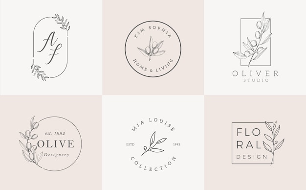 Conjunto de modelos de logotipo. design de logotipo elegante com folhas, ramo e grinalda Vetor Premium
