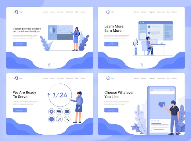 Conjunto de modelos de página da web plana de aplicativos de negócios, pesquisa e desenvolvimento, atendimento ao cliente Vetor Premium