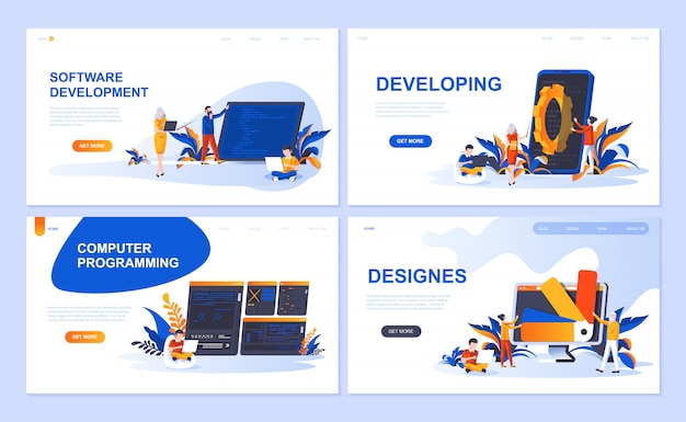 Conjunto de modelos de página de destino para software, desenvolvimento, designer, programação Vetor Premium