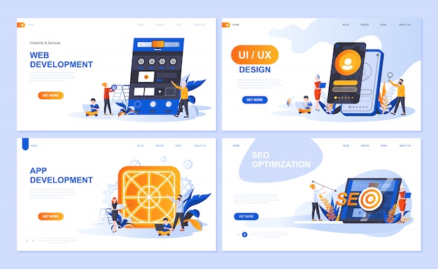 Conjunto de modelos de página de destino para web e desenvolvimento de aplicativos, design de interface do usuário, otimização de seo Vetor Premium