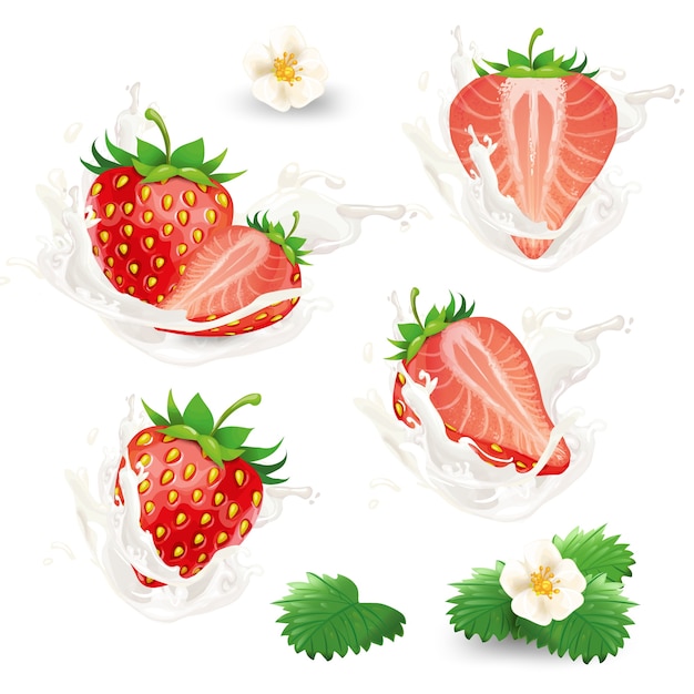 Conjunto de morangos inteiros e meio com flores, folhas e creme, leite ou salada de iogurte. Vetor grátis