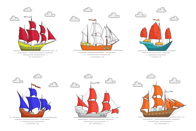 Conjunto de navios de cor com velas no mar. banner de viagem com veleiro em ondas. skyline abstrata. arte de linha plana. ilustração vetorial. conceito de viagem, turismo, agência de viagens, hotéis, cartão de férias Vetor Premium
