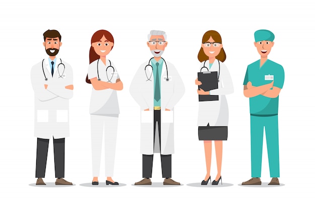 Conjunto de personagens de desenhos animados de médico, conceito de equipe médica no hospital | Vetor Premium