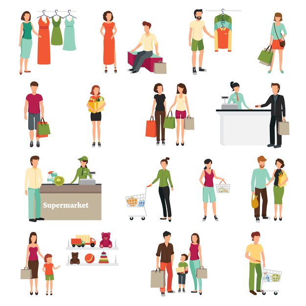 Conjunto de pessoas de compras com ilustração em vetor isolados plana supermercado símbolos Vetor grátis