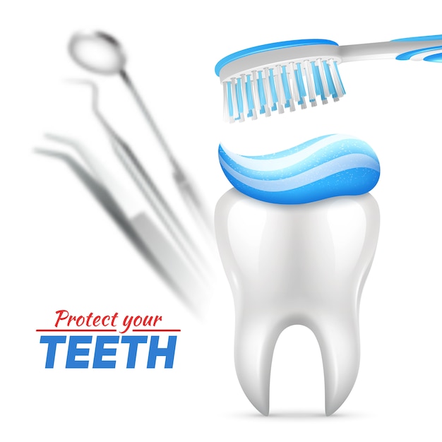 Conjunto de proteção de dentes com escova de dente e instrumentos odontológicos Vetor grátis