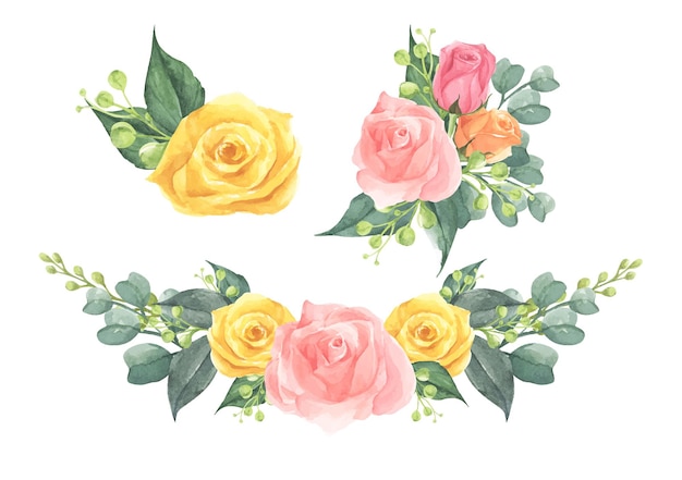 Conjunto De Ramo Floral Conceito De Casamento Com Flores Ilustração Em Aquarela Vetor Premium 2540