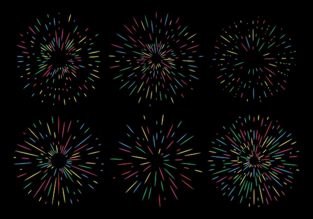 Conjunto de seis fogos de artifício coloridos de férias no fundo da