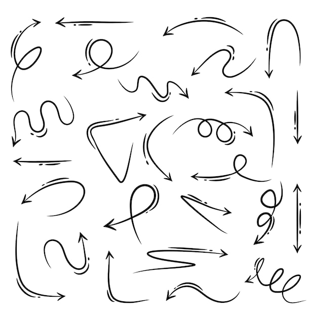 Conjunto de setas de mão desenhada. elementos de design do doodle de vetor. Vetor Premium