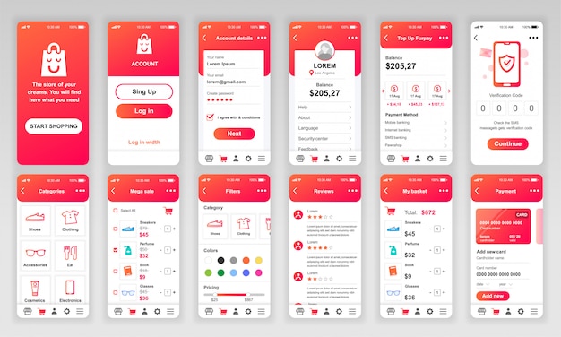 Conjunto de telas de interface do usuário, ux e gui Vetor Premium
