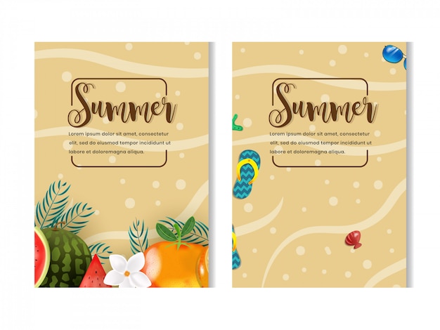 Conjunto de temporada de verão com frutas e praia ilustração flyer design Vetor Premium