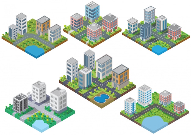 Conjunto isométrico edifício vector. eles estão no quintal, rio com estrada. edifício 3d, cidade inteligente Vetor Premium