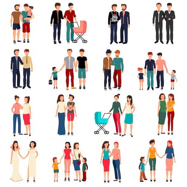 Conjunto plano de casais homossexuais masculinos e femininos e famílias com crianças isoladas em branco backgrou Vetor grátis