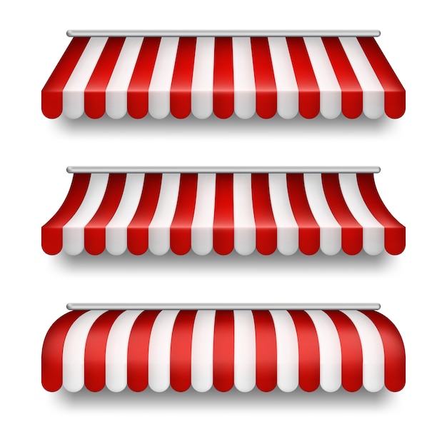 Conjunto realista de toldos listrados isolado no fundo. clipart com tendas vermelhas e brancas Vetor grátis