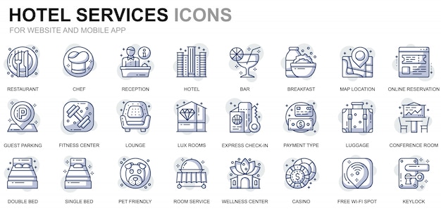 Conjunto simples de ícones de linha de serviço de hotel para o site e aplicativos móveis Vetor Premium