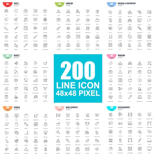 Conjunto simples de ícones de linha fina de vetor Vetor Premium