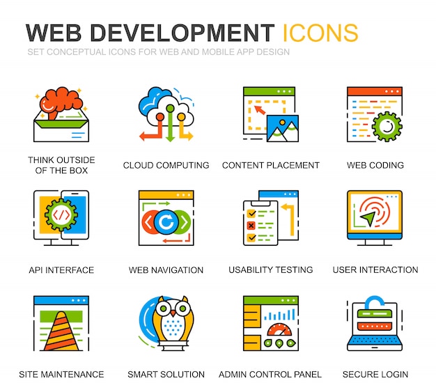 Conjunto simples web design e linha de desenvolvimento de ícones para o site Vetor Premium
