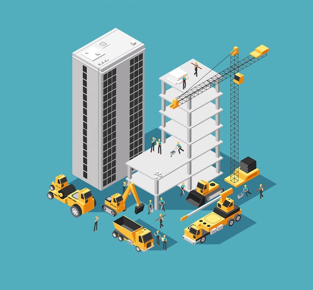 Construção civil 3d isométrica com construtores e equipamentos pesados. fundo de canteiro de obras de casa Vetor Premium