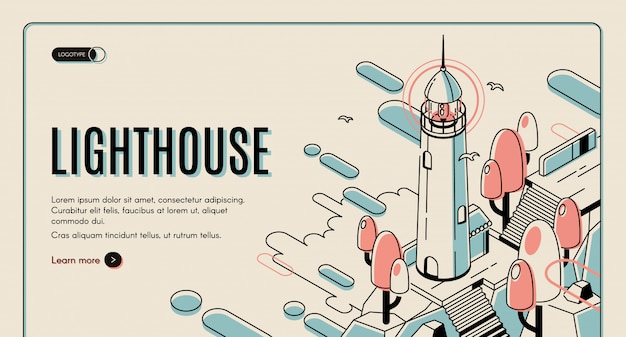 Construção do farol e gaivotas no fundo colorido retro. Vetor grátis