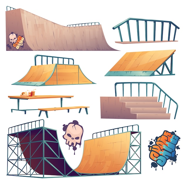 Construções de skate park ou rollerdrome para manobras de salto de