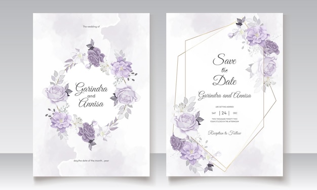 Convite De Casamento Com Aquarela De Folhas Florais Brancas E Roxas Vetor Premium