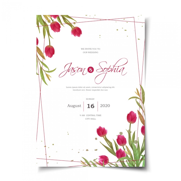 Convite de casamento de tulipas vermelhas em aquarela Vetor Premium