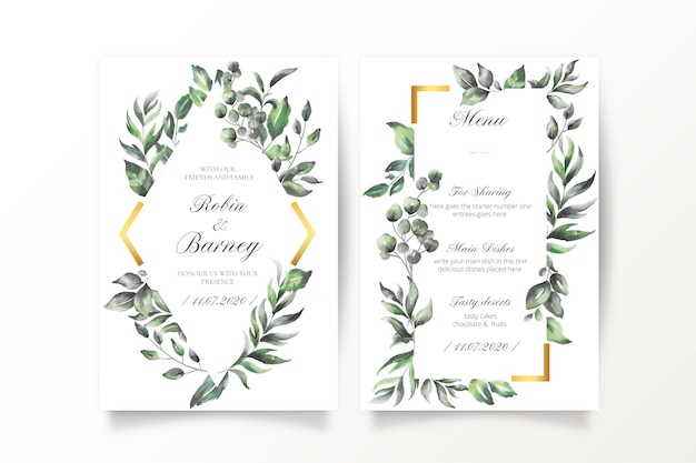 Convite de casamento e modelo de menu com folhas em aquarela Vetor grátis