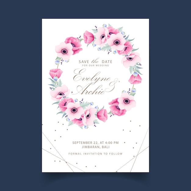 Convite de casamento floral com flores de anêmona e papoula Vetor Premium