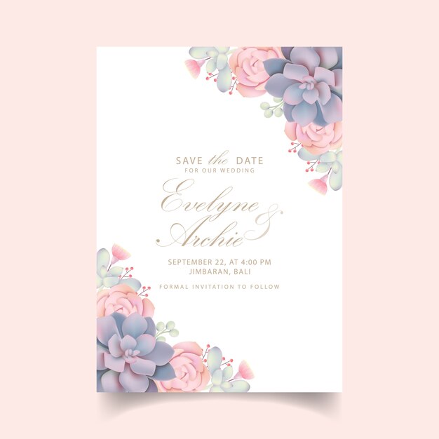 Convite de casamento floral com suculentas Vetor Premium