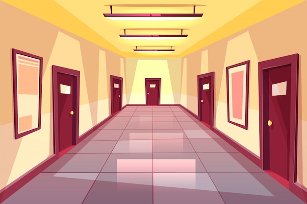 Corredor dos desenhos animados, corredor com muitas portas - faculdade, universidade ou prédio de escritórios. Vetor grátis
