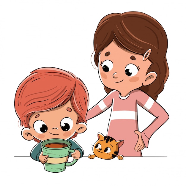 Criança tomando café da manhã ou com um lanche com a família Vetor Premium