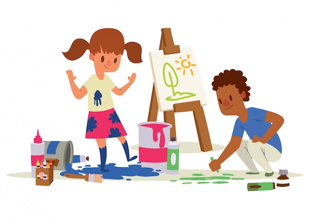 Crianças criativas menina e menino de desenho pintura desenhando no