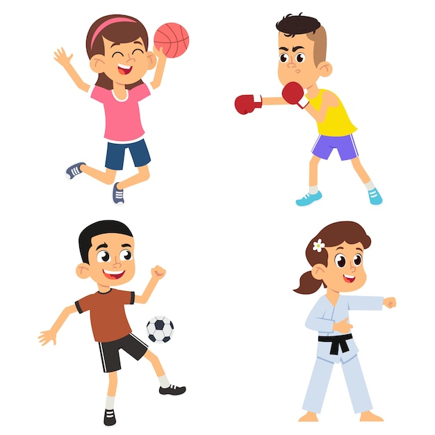 Crianças De Desenho Animado Praticando Esportes Meninos De Futebol E Boxe Meninas De Vôlei E 5494