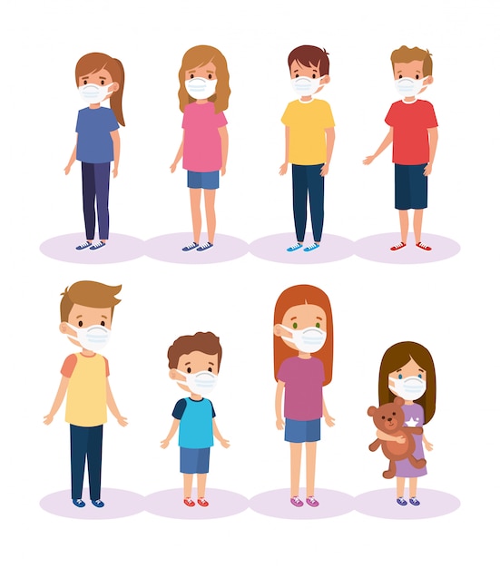 Crianças de grupo bonito usando design de ilustração de máscara ...