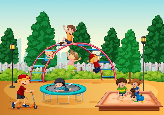 Crianças, em, playgrond, cena Vetor grátis