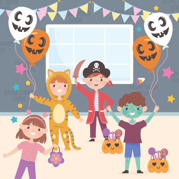 Crianças fantasiadas comemorando a festa de halloween Vetor Premium