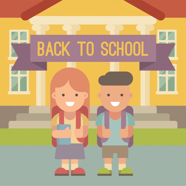 Crianças indo para a escola. um menino e uma menina com mochilas em pé na frente do prédio da escola. ilustração plana. de volta à escola Vetor Premium