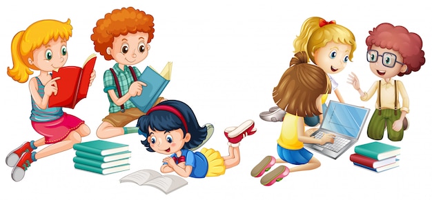 Crianças lendo livros e trabalhando no computador Vetor grátis
