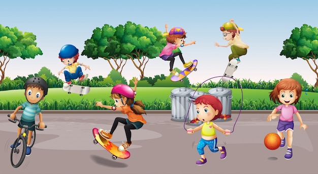 Crianças praticando esportes no parque | Vetor Premium
