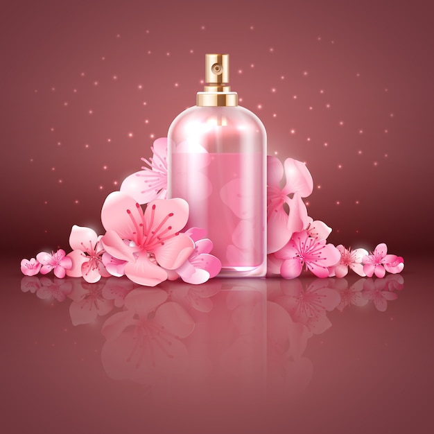 Cuidado com produto orgânico de pele com ilustração em vetor flores de cerejeira sakura japonesa Vetor Premium