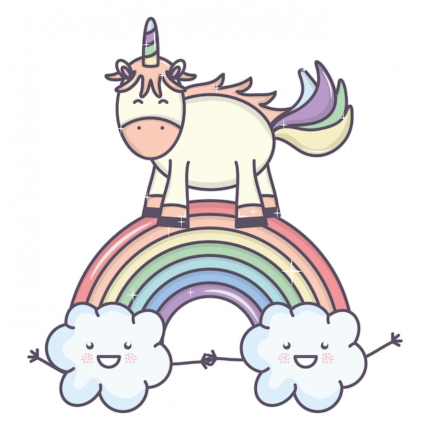 Cute adorável unicórnio com nuvens e arco-íris Vetor grátis