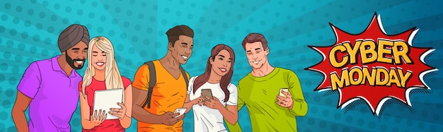 Cyber segunda-feira venda banner pop art design com grupo de pessoas de raça mix usando gadgets modernos Vetor Premium