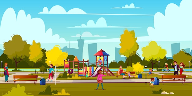 De fundo vector de playground dos desenhos animados no parque com as pessoas, as crianças brincando Vetor grátis