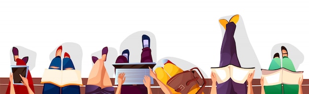 De volta à ilustração da faculdade ou da escola dos estudantes que sentam-se no banco e nos livros de leitura. Vetor grátis