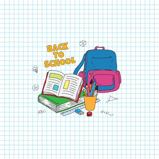 De volta ao texto da escola. estudando coisas doodle ilustração do estilo. livro aberto, saco, caneta, ilustração de lápis com fundo de papel de grade Vetor Premium