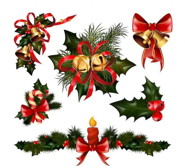 Decorações de natal com árvore de abeto e elementos decorativos Vetor Premium