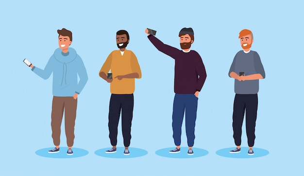 Definir amigos homens com tecnologia penteado e smartphone Vetor Premium