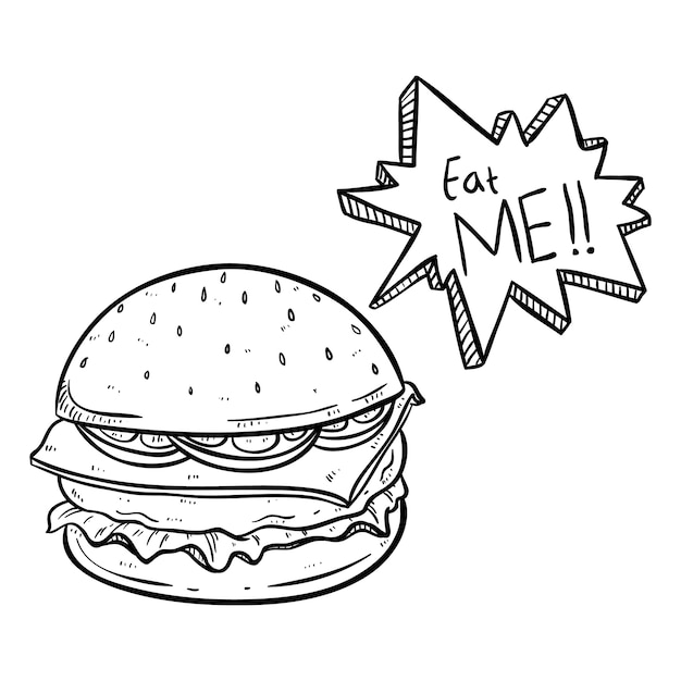 Delicioso hambúrguer com comer-me texto e usando o estilo de doodle desenhado mão preto e branco Vetor Premium