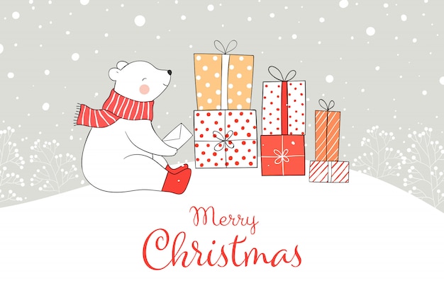 Desenhe o urso com a caixa de presente na neve pelo natal e o ano novo. Vetor Premium