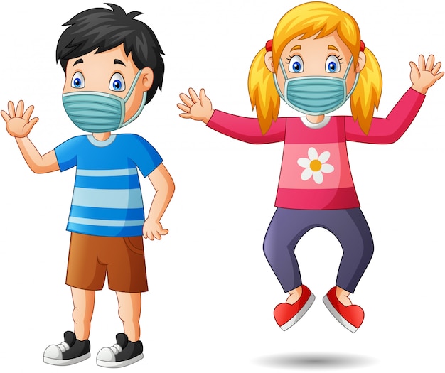 Desenho De Crianças Felizes Usar Máscara Protetora Contra Vírus Ilustração Vetor Premium