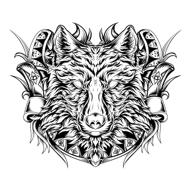 Desenho De Tatuagem E Camiseta Preto E Branco Ilustracao Desenhada A Mao Cabeca De Lobo Ornamento De Gravura Vetor Premium